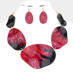 Red Glitter Abstract Necklace Chunky Fashion Statement Jewelry Set